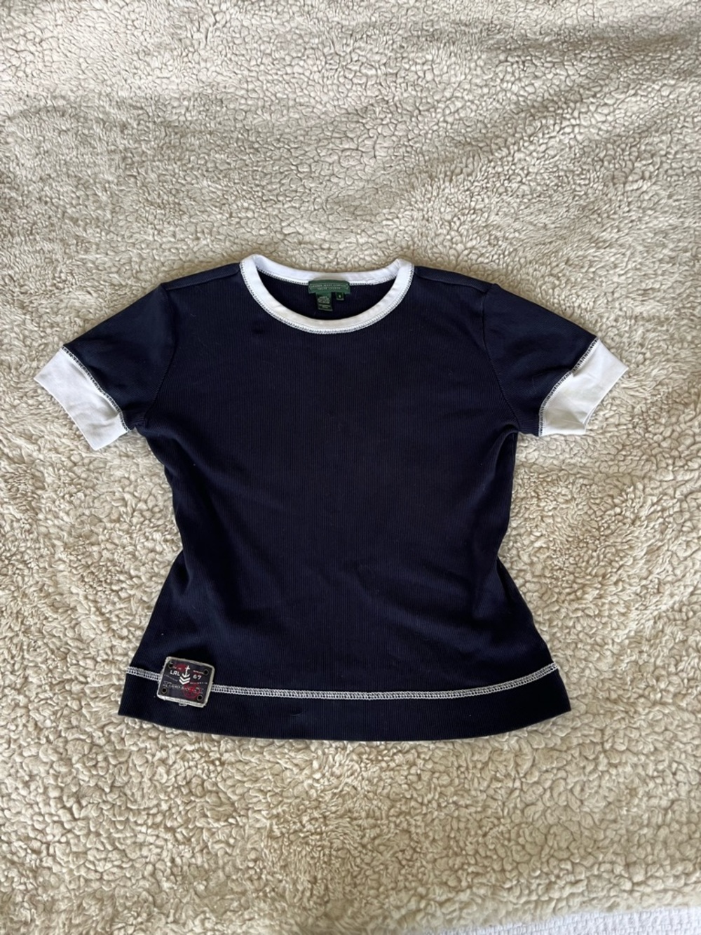 Vintage Lauren Ralph Lauren Navy and White Contrast T-Shirt with Anchor Patch